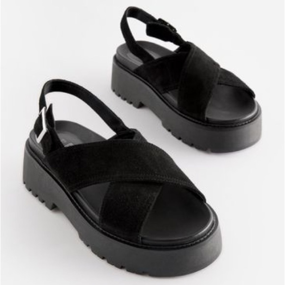 Leather Chunky Cross Strap Sandals black suede
